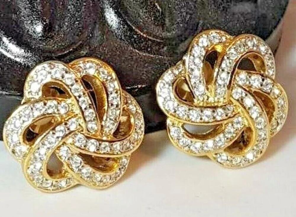 Vintage Rhinestone Bow‎ Clip On Earrings Clear/White Gold-tone Glass 1" wc36